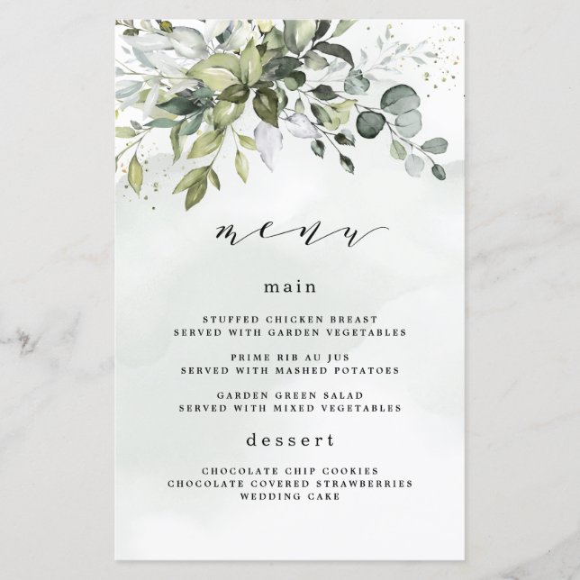 Dusty Blue Greenery Floral Boho Wedding Menu Cards (Vorderseite)