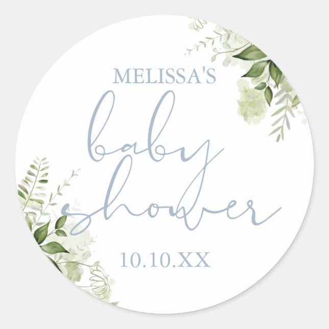 Dusty Blue Greenery Floral Boy Baby Shower Gevor Runder Aufkleber (Vorderseite)