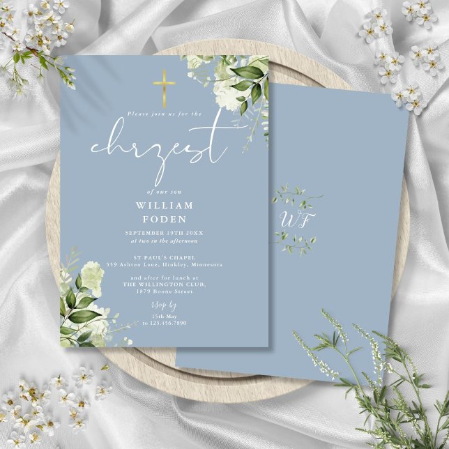 Dusty Blue Greenery Floral Chrzest Taufe Einladung (Dusty Blue Greenery Floral Chrzest Baptism Invitation)