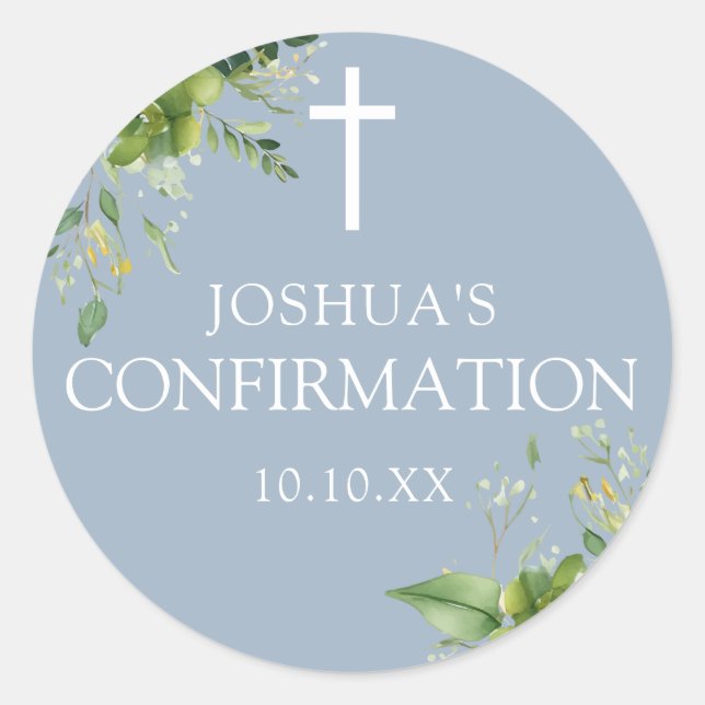 Dusty Blue Greenery Floral Confirmation Fevor Runder Aufkleber (Vorderseite)
