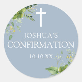 Dusty Blue Greenery Floral Confirmation Fevor Runder Aufkleber