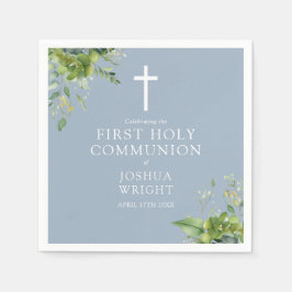 Dusty Blue Greenery Floral First Holy Communion Serviette