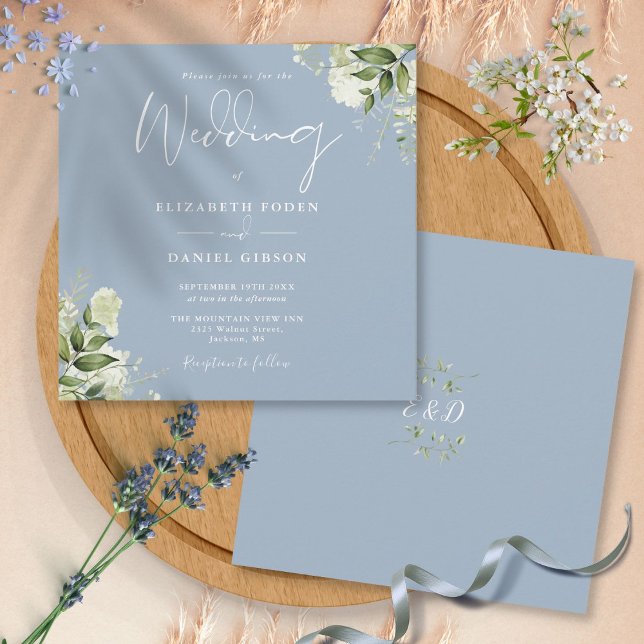 Dusty Blue Greenery Floral Monogram Square Wedding Einladung (Dusty Blue Greenery Floral Monogram Square Wedding Invitation)
