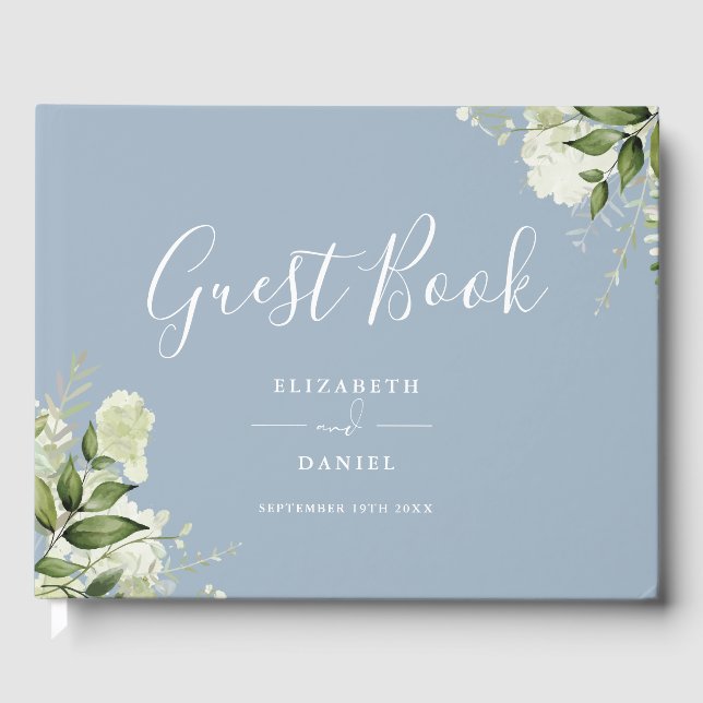 Dusty Blue Greenery Floral Photo Wedding Gästebuch (Vorderseite)