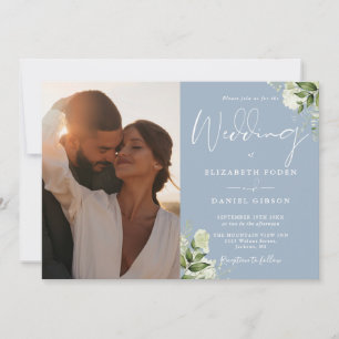Dusty Blue Greenery Floral QR Code Foto Wedding Einladung
