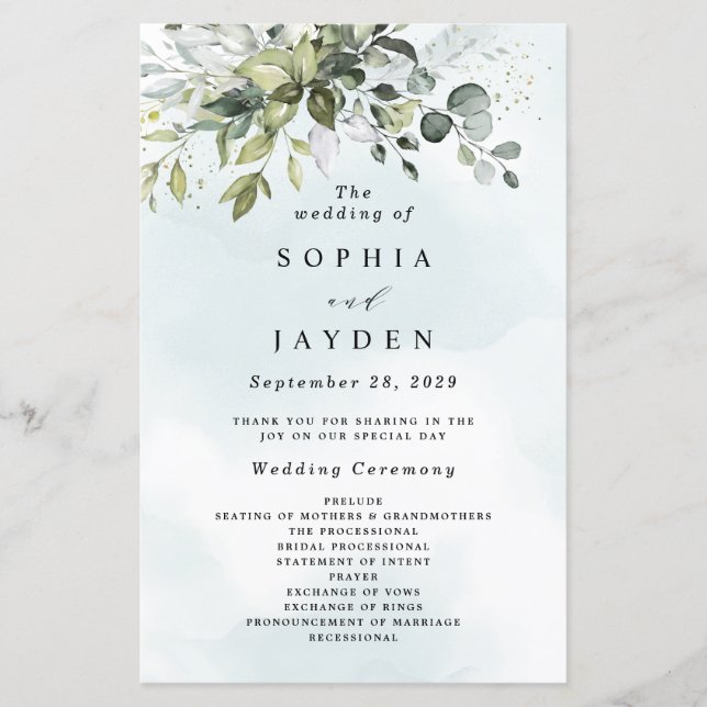 Dusty Blue Greenery Floral Rustic Wedding Programs (Vorderseite)