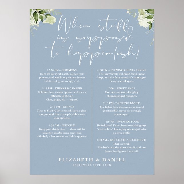 Dusty Blue Greenery Floral Wedding Itinerary Poster (Vorne)