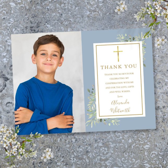 Dusty Blue Greenery Foto Bestätigung Dankeskarte (Dusty Blue Greenery Floral Photo Confirmation Thank You Card)