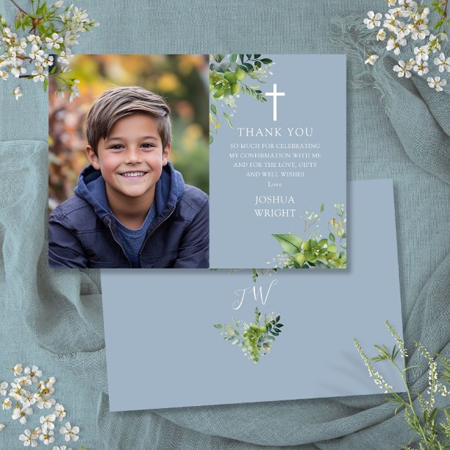 Dusty Blue Greenery Foto Confirmation Dankeskarte (Dusty Blue Greenery Photo Confirmation Thank You Card)