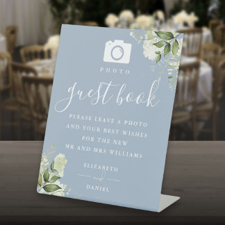 Dusty Blue Greenery Foto Gästebuch Wedding Sockelschild