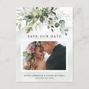 Dusty Blue Greenery Foto Wedding Save the Date Postkarte