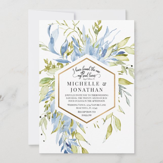 Dusty Blue Greenery Gold Frame Christlich Wedding Einladung (Vorderseite)