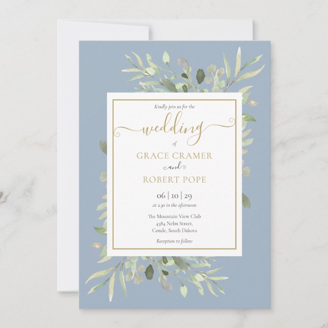 Dusty Blue Greenery Gold Geometric Script Wedding Einladung (Vorderseite)