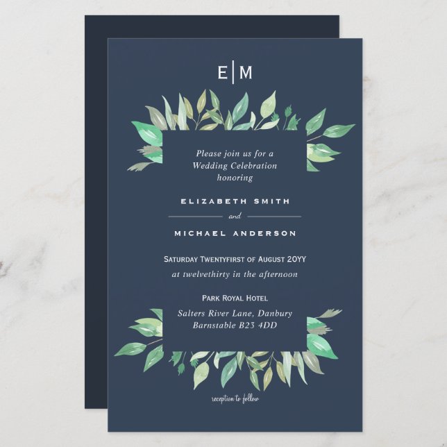 Dusty Blue Greenery Leafy Budget Hochzeit Einladun (Vorne/Hinten)