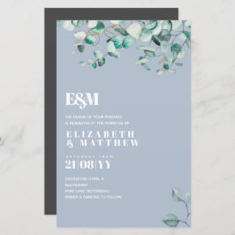Dusty Blue Greenery Leafy Budget Hochzeit Einladun