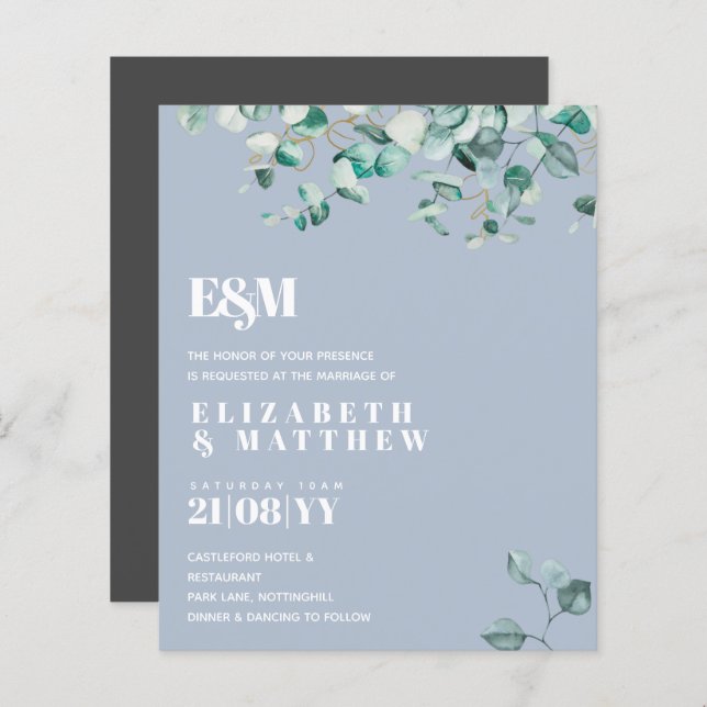 Dusty Blue Greenery Leafy Budget Hochzeit Einladun (Vorne/Hinten)