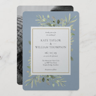 Dusty Blue Greenery Metallic Silver Foto Wedding Einladung