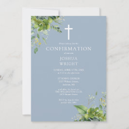 Dusty Blue Greenery Monogram Confirmation Einladung