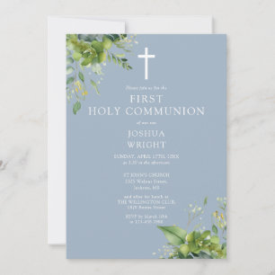 Dusty Blue Greenery Monogram First Holy Communion Einladung