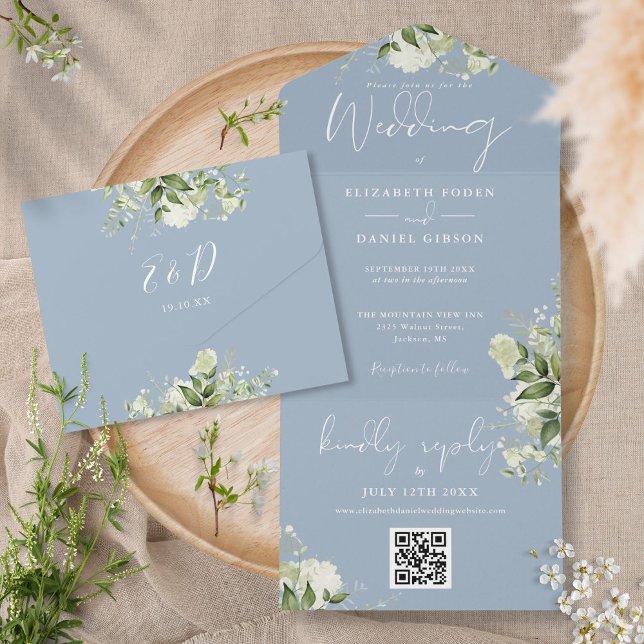 Dusty Blue Greenery QR Code Monogram Wedding All In One Einladung (Von Creator hochgeladen)