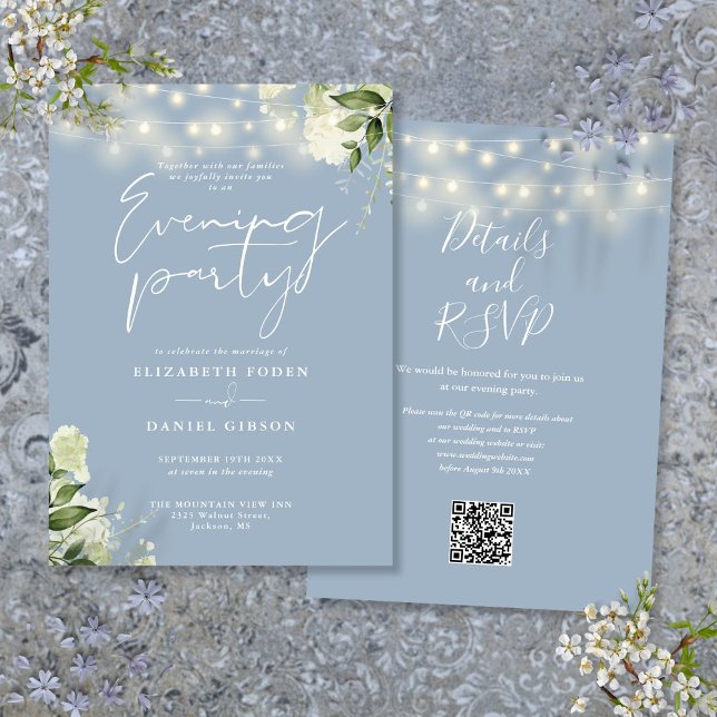 Dusty Blue Greenery QR Code Wedding Abend Party Einladung (Dusty Blue Greenery QR Code Wedding Evening Party Invitation)
