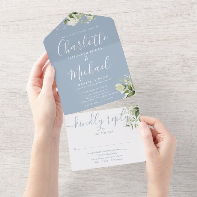 Dusty Blue Greenery Script Monogram Wedding All In One Einladung (Abreißen)
