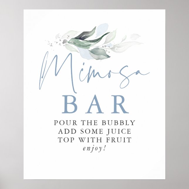 Dusty Blue Greenery Silver Blätter Mimosa Bar Sign Poster (Vorne)