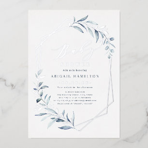 Dusty Blue Greenery Silver Rustic Baby Shower Folieneinladung