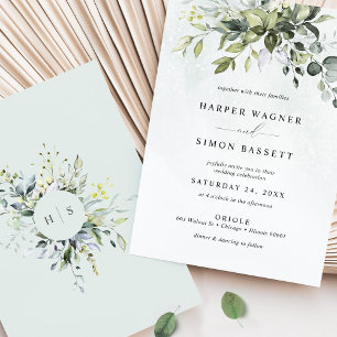 Dusty Blue Greenery Succulent Eucalyptus Wedding Einladung