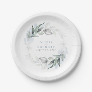 Dusty Blue Greenery Watercolor Romantische Hochzei Pappteller