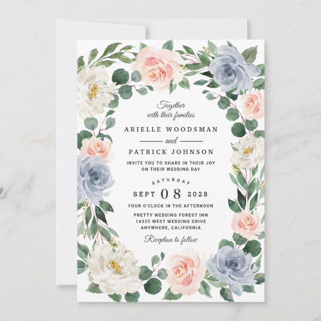 Dusty Blue Grey Blush Pink Peach Floral Wedding Einladung (Vorderseite)