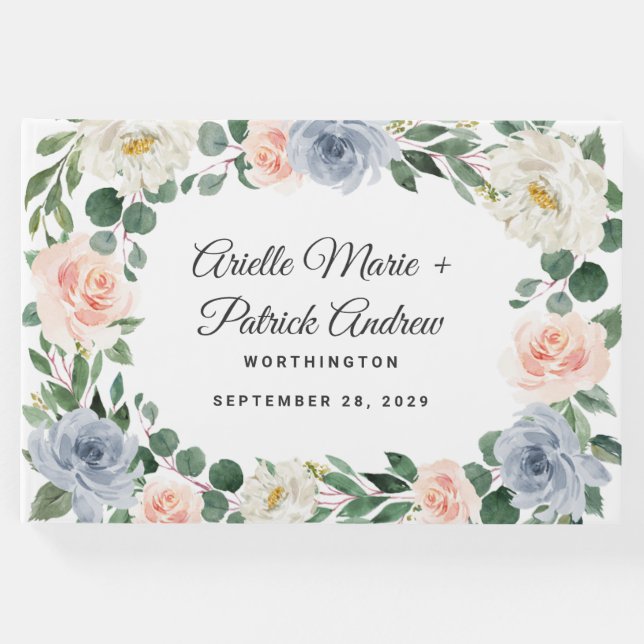 Dusty Blue Grey Blush Pink Peach Floral Wedding Gästebuch (Vorderseite)