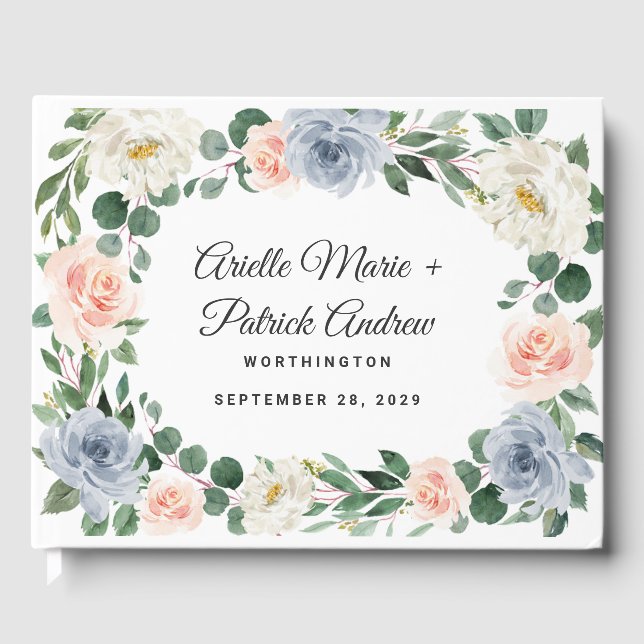 Dusty Blue Grey Blush Pink Peach Floral Wedding Gästebuch (Vorderseite)