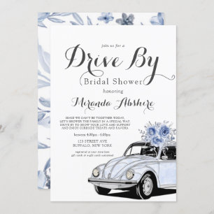 Dusty Blue Grey Floral Car Drive by Brautparty Einladung