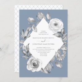 Dusty Blue Grey Floral Diamond Wedding Einladung