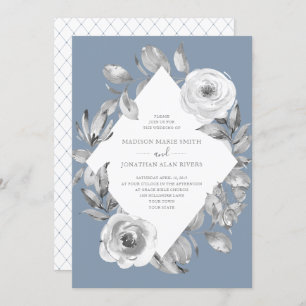 Dusty Blue Grey Floral Diamond Wedding Einladung