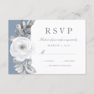 Dusty Blue Grey floral Diamond Wedding RSVP Karte