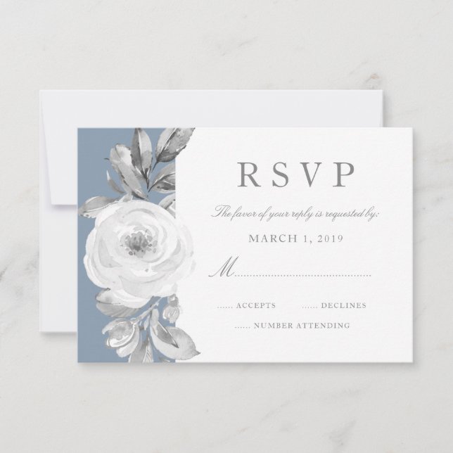 Dusty Blue Grey floral Diamond Wedding RSVP Karte (Vorderseite)