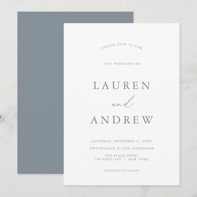 Dusty Blue Grey Formal Minimalistisch Wedding Einladung (Vorne/Hinten)