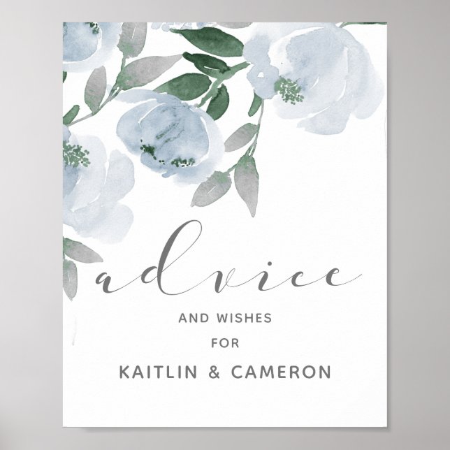 Dusty Blue & Grey Watercolor Bridal Adress Sign Poster (Vorne)