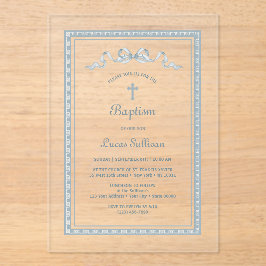 Dusty Blue Griechisch Frame Bow Taufe Acryleinladungen