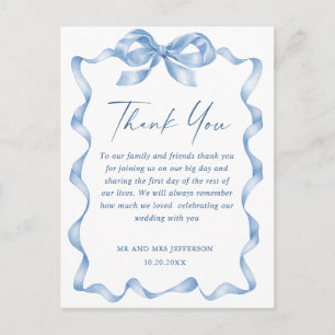 Dusty Blue Hand Drawn Bow Wedding Vielen Dank Postkarte