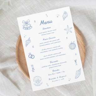 Dusty Blue Hand Drawn Coastal Hochzeit Menükarte