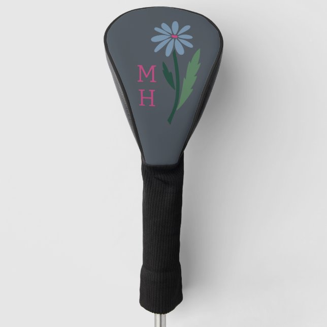 Dusty Blue Hand Drawn Daisy Monogram Dark Gray Golf Headcover (Vorderseite)