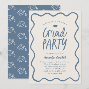 Dusty Blue Hand Drawn Squiggle Graduation Party Einladung