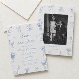 Dusty Blue Hand Drawn Wedding Save the Date Foto Einladung