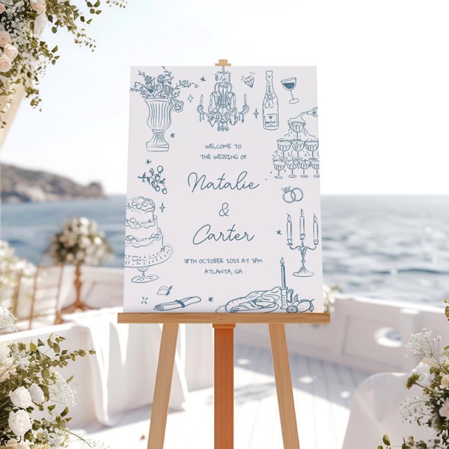 Dusty Blue Hand Drawn Whimsical Wedding Poster (Von Creator hochgeladen)