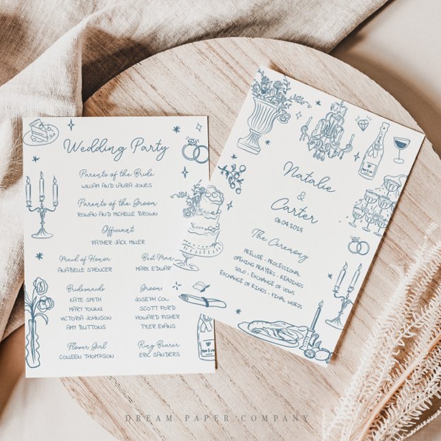 Dusty Blue Hand Drawn Whimsical Wedding Program Einladung (Von Creator hochgeladen)