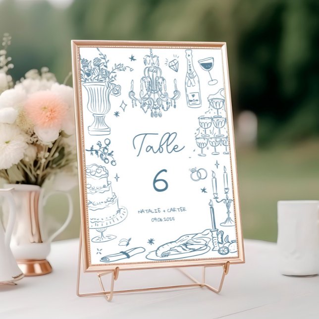 Dusty Blue Hand Drawn Whimsical Wedding Tischnummer (Von Creator hochgeladen)