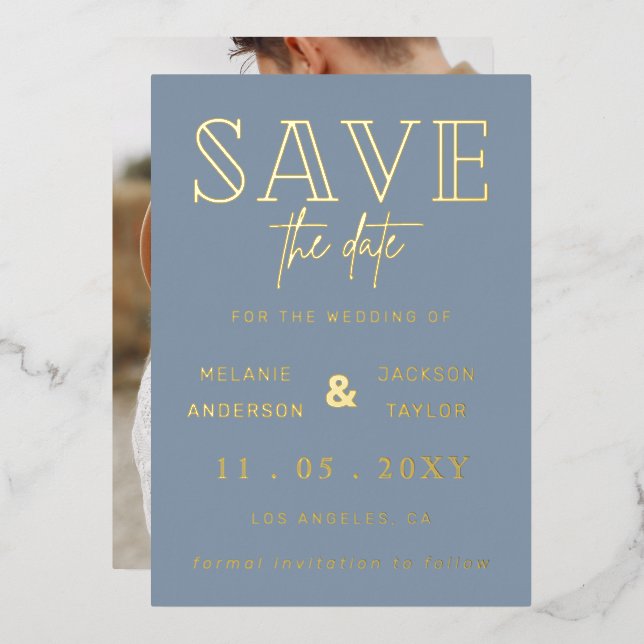 Dusty Blue Handgeschriebenes Script-Foto Save the  Folieneinladung (Vorderseite/Rückseite)